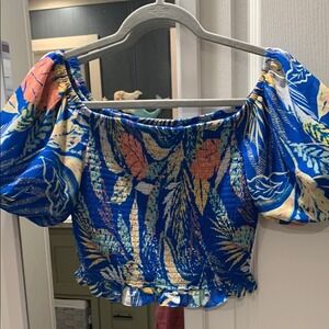 Flying Tomato Blue Floral Smocked Off-Shoulder Top
